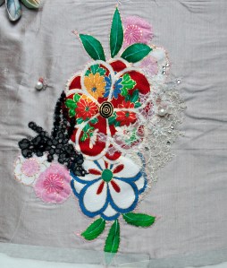 Experiments with embellishment: vintage kimono silk, antique lace, beading and crystals. Garish but it steered me in the right direction! 