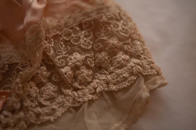 Silk, Schiffli embroidery and ribbonwork boudoir cap detail. Photography by Karolina Laskowska