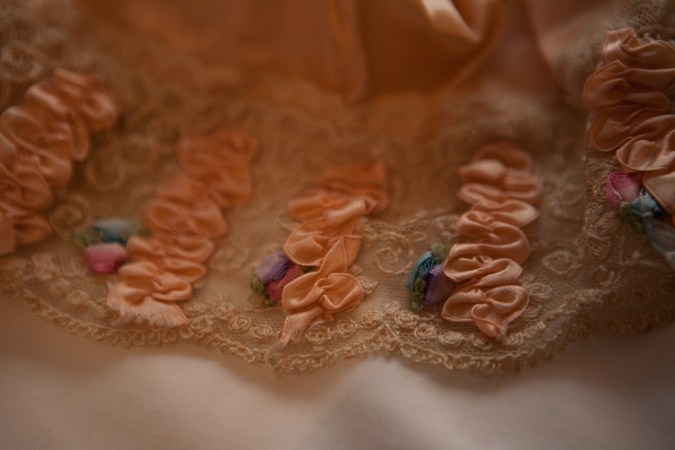 Silk, Schiffli embroidery and ribbonwork boudoir cap detail. Photography by Karolina Laskowska
