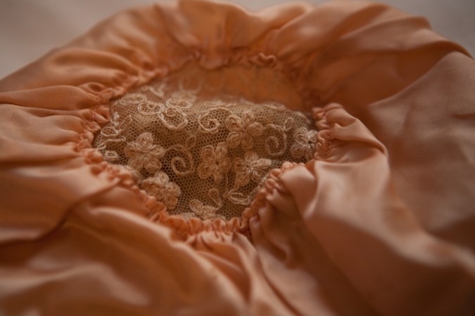 Silk, Schiffli embroidery and ribbonwork boudoir cap detail. Photography by Karolina Laskowska