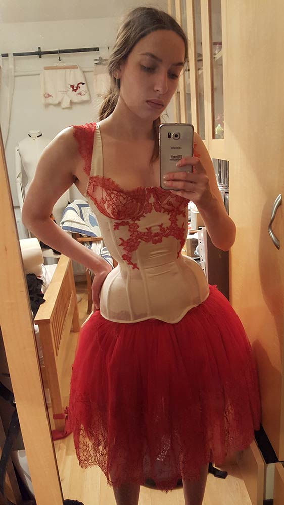 After the first day of lace stitching, with a completed tutu to check the overall silhouette. Photo by Karolina Laskowska